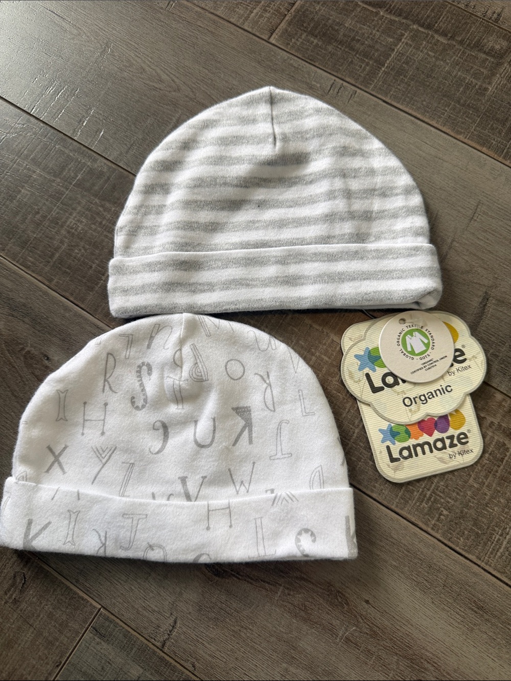 Lamaze White & Gray Striped and Alphabet Baby Hat Duo